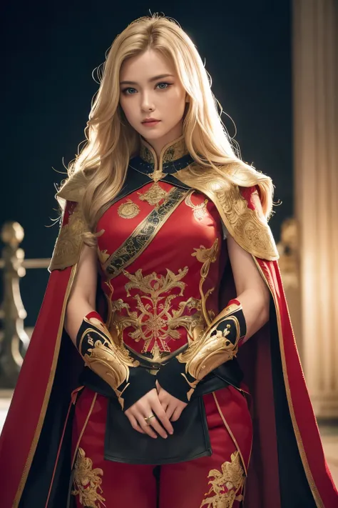 8K,Blonde girl wearing luxurious red, white, Black and blue breastplate, Super Beauty(Like the real thing)Realistic Skin,美しいPrincess Night,blue eyes, Princess Night, ((美しい幻想的なPrincess Night)), Elegant , gorgeous princess paladin, 美しいPrincess Night,Ultra-hi...