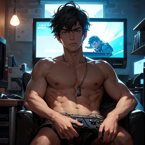 1 guy, open shirt, gaming chair, video games, dark room, RGB light, toned male, nice hands, perfect hands. facing toward computer, dark hair, semi-realism, masculine ((Strong men&#39;s:1.3)),((black hair:1.3)),(Shiny marble eyes:1.45),(NSFW:1.15),((very sh...