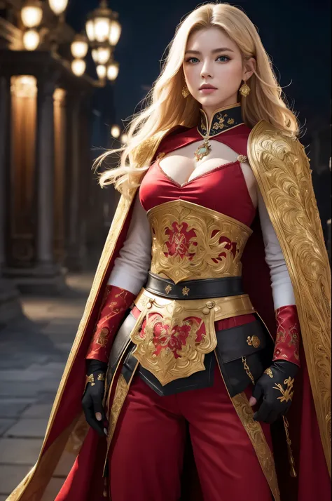 8K,Blonde princess in gorgeous red, white, Black and blue breastplate, Super Beauty(Like the real thing)Realistic Skin,美しいPrincess Night,blue eyes, Princess Night, ((美しい幻想的なPrincess Night)), Elegant , gorgeous princess paladin, 美しいPrincess Night,Ultra-high...