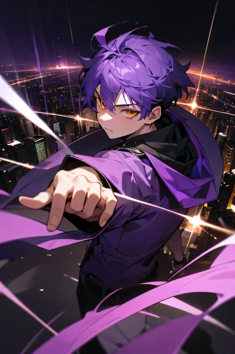 1boy, midnight purple hair, yellow eyes, wearing purple jacket, city, high res, ultrasharp, 8K, masterpiece, looking at viewer