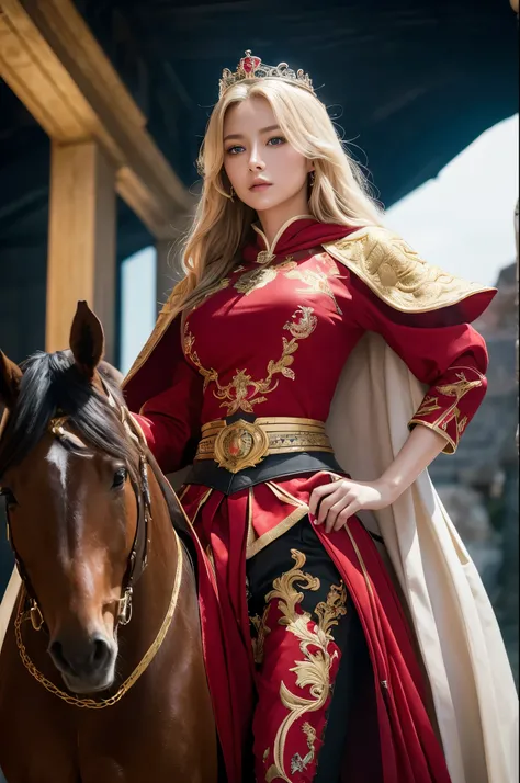 8K,Blonde princess in gorgeous red, white, Black and blue breastplate, Super Beauty(Like the real thing)Realistic Skin,美しいPrincess Night,blue eyes, Princess Night, ((美しい幻想的なPrincess Night)), Elegant , gorgeous princess paladin, 美しいPrincess Night,Ultra-high...