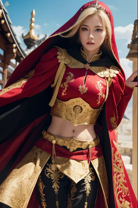 8K,Blonde princess in gorgeous red, white, Black and blue breastplate, Super Beauty(Like the real thing)Realistic Skin,美しいPrincess Night,blue eyes, Princess Night, ((美しい幻想的なPrincess Night)), Elegant , gorgeous princess paladin, 美しいPrincess Night,Ultra-high...