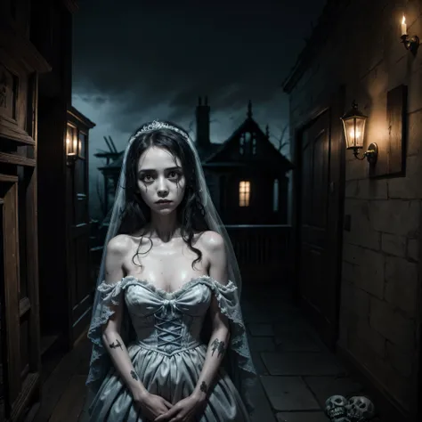  A haunted house, with a scary corpse bride in front, and 3 skeletons next to her