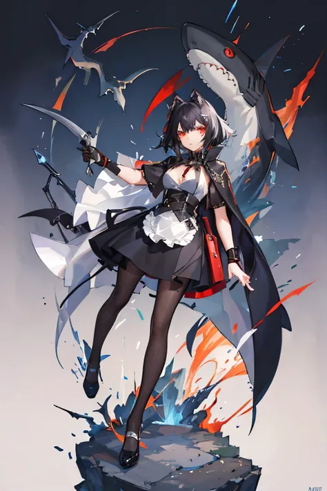 olo, 1girl (big breasts, shark tail, wild, cape) (masterpiece, best quality: 1.2), alternative clothing, dress, shark tail, (shark girl: 0.5), short hair, black hair, red eyes, tail, pantyhose , colorful hair, black shoes, short sleeves, apron, wristband, ...