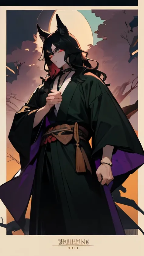 (naughty man) Youngh, (whole body) Defined and slim, muslos grandes, (Large male kimono) black coloration, with purple bands, (black hair with dark green highlights and wavy), (front wolf mask) White coloration, Simple style, sem muitos detalhes, covers th...