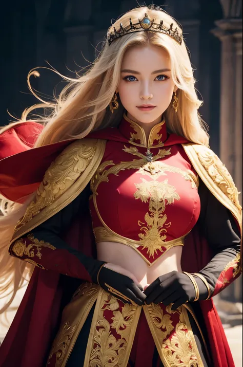 8K,Blonde princess in gorgeous red, white, Black and blue breastplate, Super Beauty(Like the real thing)Realistic Skin,美しいPrincess Night,blue eyes, Princess Night, ((美しい幻想的なPrincess Night)), Elegant , gorgeous princess paladin, 美しいPrincess Night,Ultra-high...