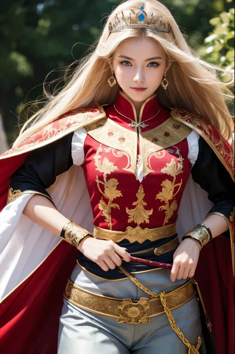 8K,Blonde princess in gorgeous red, white, Black and blue breastplate, Super Beauty(Like the real thing)Realistic Skin,美しいPrincess Night,blue eyes, Princess Night, ((美しい幻想的なPrincess Night)), Elegant , gorgeous princess paladin, 美しいPrincess Night,Ultra-high...