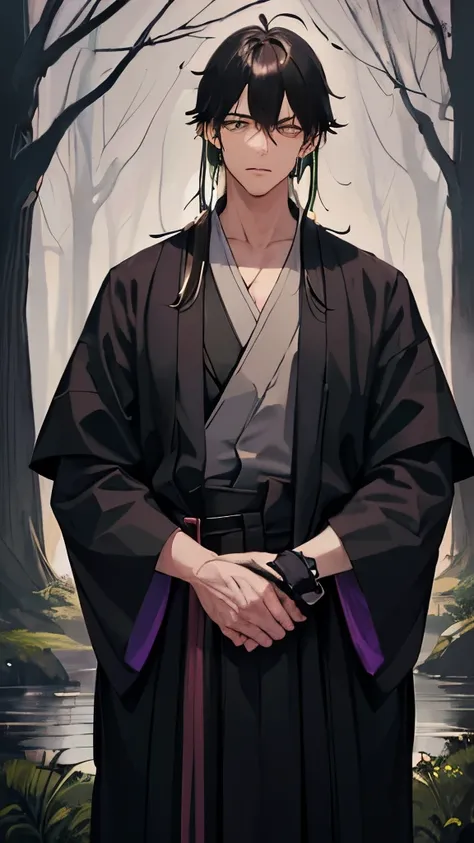 (naughty man) Youngh, (whole body) Defined and slim, muslos grandes, (Large male kimono) black coloration, with purple bands, (gray button-down shirt underneath), (black hair with dark green highlights and wavy), (aretes), (collars), (paisaje) marsh, the n...