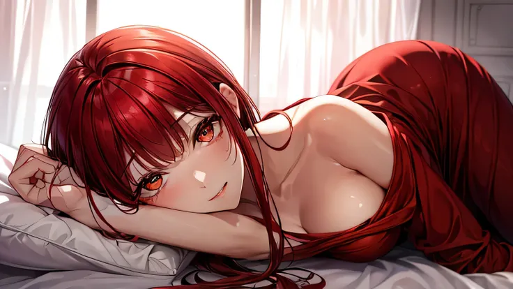 Une succube en robe rouge qui nous regarde sensuellement
