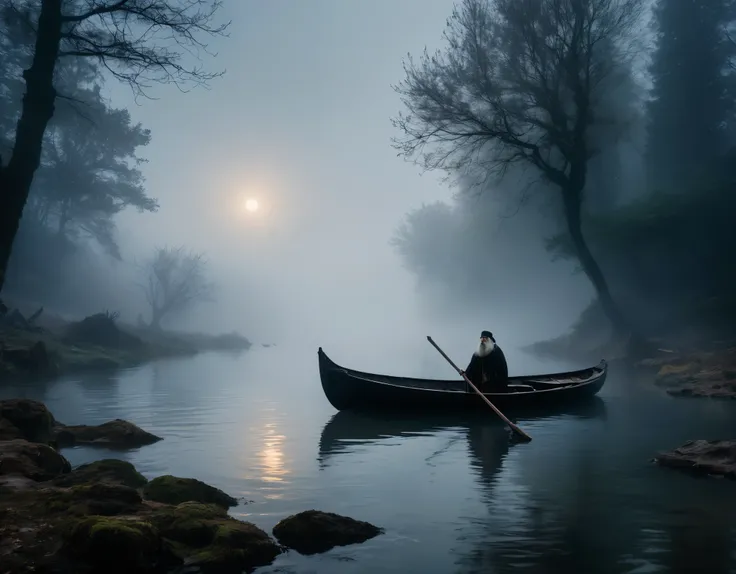 (((super realistic, lots of details, masterpiece))), In the image, created in a neural network, (((Charon, old withered boatman with a long beard, standing in his boat, which seems ancient and worn. His eyes express wisdom and sadness, and your hands confi...