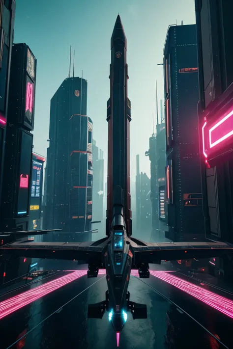 A 3D image shows a spaceship heading into space, featuring a cyberpunk aesthetic and wide scale