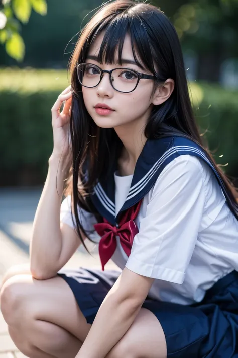 a kneeling japanese school girl with long black hair wearing a sailor uniform and glasses, cute girl , lovely look, detailed fac...