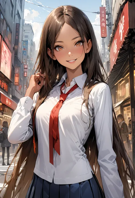 ((masterpiece,Highest quality:1.3,best quality illustration,realistic:1.4)),cowboy shot,solo,1woman,(18-year-old、Japanese Beauty)、brown hair,long hair,(center parted bangs),brown eyes,gorgeous eyes,((very small head:1.3)),smile,,((very long body:1.2,skinny...