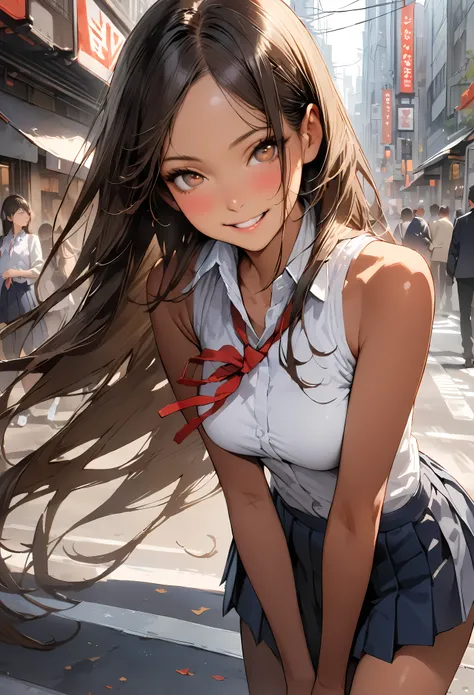 ((masterpiece,Highest quality:1.3,best quality illustration,realistic:1.4)),cowboy shot,solo,1woman,(20-year-old、Japanese Beauty)、brown hair,long hair,(center parted bangs),brown eyes,gorgeous eyes,((very small head:1.3)),smile,,((very long body:1.2,skinny...