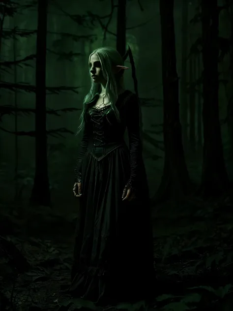 female elf mage at night in the forest, atmospheric, cinematic, high detail, masterpiece , gothic g0thg1rl