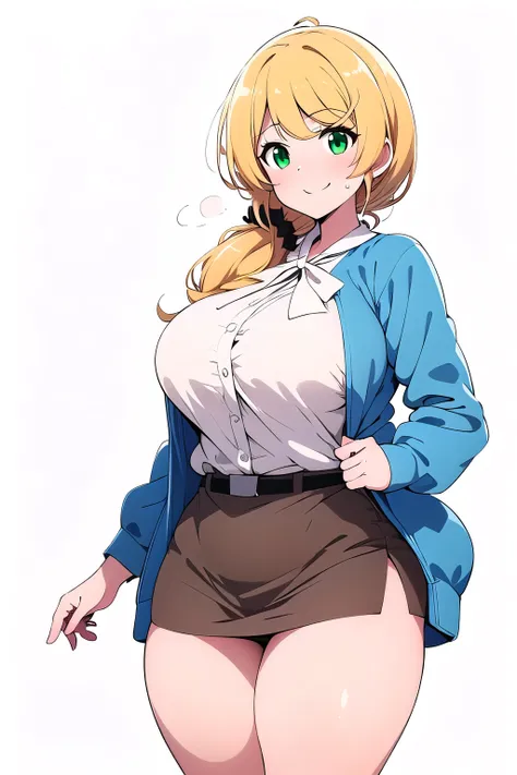 masterpiece,best quality,1girl,mature female,large breasts,wide hips,thick thighs,ellen_baker,green eyes,blonde hair,long hair,hair scrunchie,jacket,white shirt,skirt,smile,(sweat,sweatdrop,heavy breathing), simple white background,