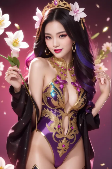 sexy Thai model who controls poison、beautiful smile、lipgloss、bold lipstick、intense makeup、look at the camera、full body Esbian、、sparkling poisoned flower costume、、、、sparkling Colorful hair、secrete poison、skull hair accessories、sexy tights、shiny sparkling fl...