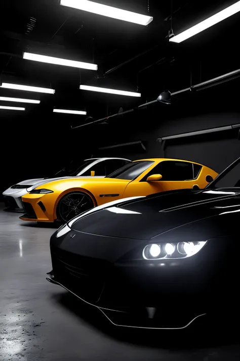 mechanical workshop with low lighting, 3 sports cars, next to each other, In the black color, simple background, darkness background