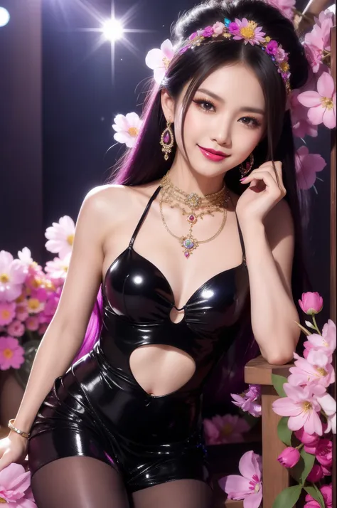 sexy Thai model who controls poison、beautiful smile、lipgloss、bold lipstick、intense makeup、look at the camera、full body Esbian、、sparkling poisoned flower costume、、、、sparkling Colorful hair、secrete poison、skull hair accessories、sexy tights、shiny sparkling fl...