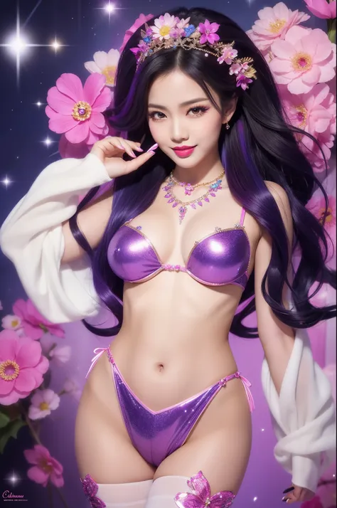 sexy Thai model who controls poison、beautiful smile、lip-gloss、bold lipstick、long lasheetallic makeup、look at the camera、full body Esbian、、sparkling poisoned flower costume、、、、sparkling Colorful hair、secrete poison、skull hair accessories、sexy tights、shiny s...