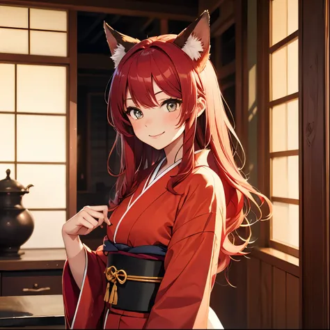 1girl, long red hair, amber eyes, slender body, red kimono, smiling, red fox ears, upper body, Japanese house on background