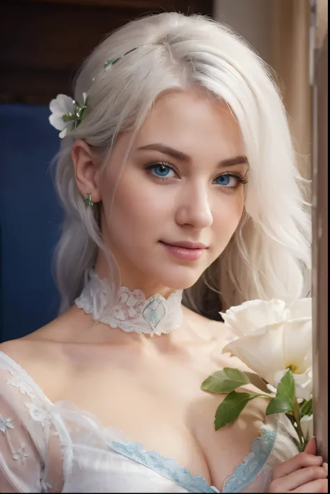 "(best quality,ultra-detailed),portraits,portrait of a woman with a beautiful and detailed face,(realistic) detailed blue eyes,nose,cute lips,,white hair,white Saint Patricks Day-themed erotic lingerie, seductively looking at the camera, in a bedroom", cus...