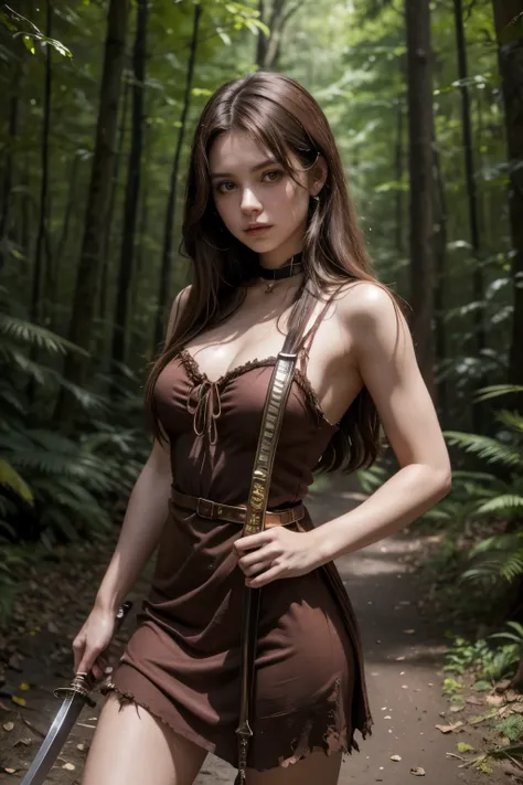 Make image cover of darkfantasy horror a 70s girl with brown hair ,caramel eyes, in a torn dress, at a forest ,with a sword, com estilo anos 70sdarkfantasy