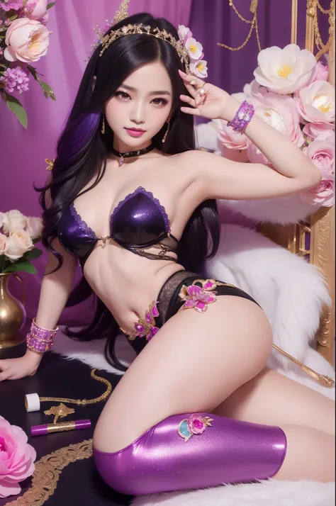 sexy Thai model who controls poison、beautiful smile、lip-gloss、bold lipstick、long lasheetallic makeup、look at the camera、full body Esbian、、sparkling poisoned flower costume、、、、sparkling Colorful hair、secrete poison、skull hair accessories、sexy tights、shiny s...