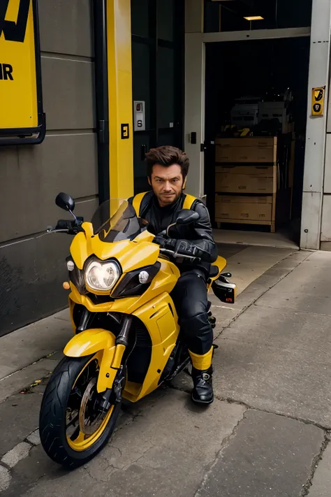 Chibi Wolverine on ninja motorcycle with yellow Delivery backpack that says delivery logan with a comment: carrying order