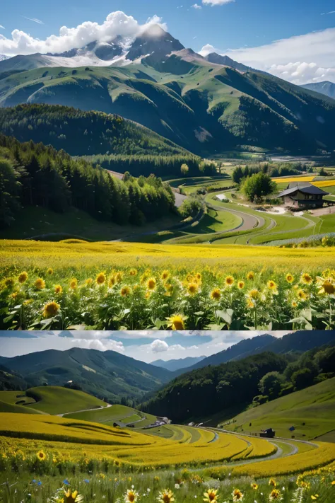 超High resolution、Ultra-high image quality、8k、Detailed detail wonderful expression、alpine basin field、Sunflowers blooming on fallow land、There are so many flowers blooming that they fill the rice field.......、Wonderful blue sky without clouds、