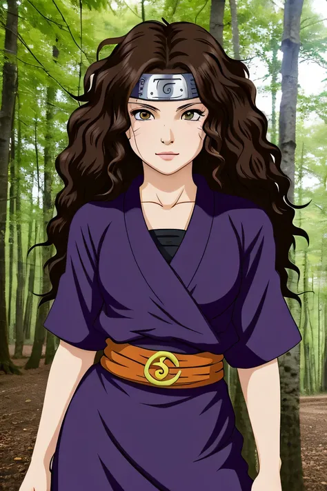 Create a ninja from the leaf village,Let her be a brunette with curly hair and a nice body, make the image in the style of Naruto, let her have long curly hair, let her be a little brunette as well.,but let her have purple eyes now make her 14 years old, m...