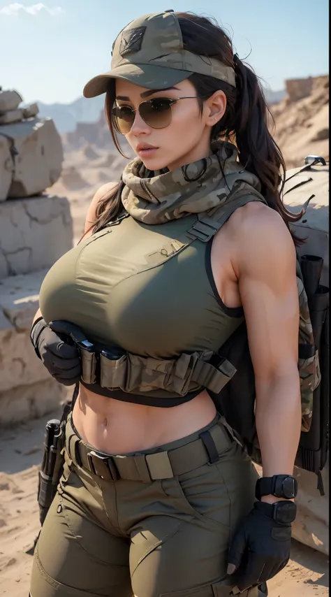 Sexy Woman Big Breast Tactical Body Athletic Sunglasses Military Scarf and Cap