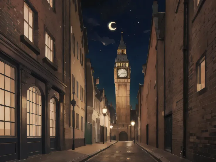 dark Alleyway, London, Big ben, Clock tower, midnight, crescent moon, dark