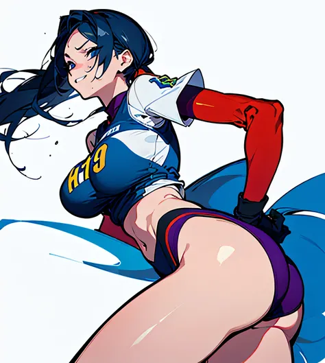 (top-quality、​masterpiece:1.2), (hight resolution), (Volleyball wear), long dark blue hair, blue eyess,poneyTail, 19 years old, large breasts, triple D cup breasts, round buttocks, bubbly buttocks, wide hips, bubbly ass, fit and strong, slender body, full ...