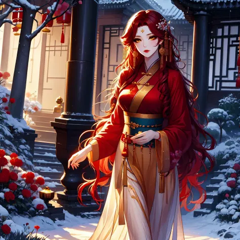 (masterpiece, best quality: 1,2), 1women, xian mei, individual golden eyes, long red curly hair, jewelry, perfect anatomy, tradi...