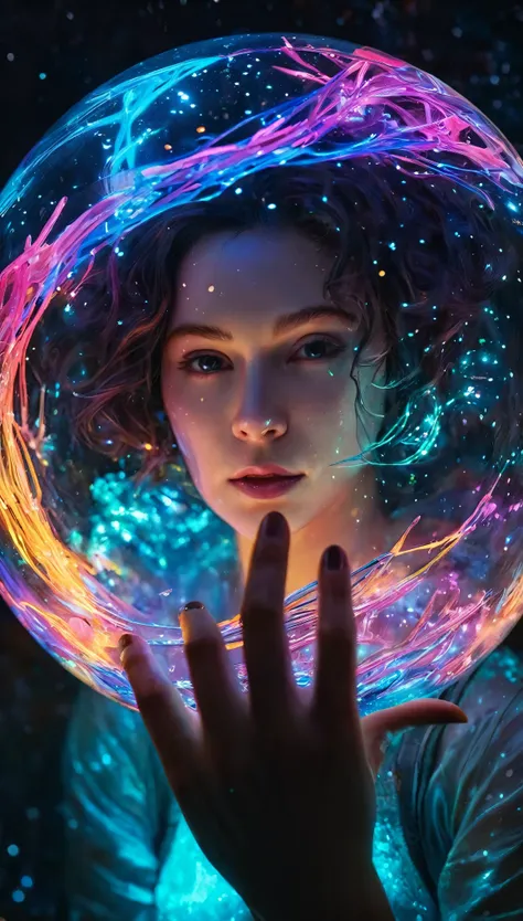 galaxy star nebula inside glass a ball in hand of female alien Alyssa Monks, Beautiful, Glowing Neon, Colorful, Bioluminescent, Hyperdetailed, Detailed, Entangled, Entangled, Whimsical, Fantasy Art, Colorful, Complex, Behance Hd artstation, sharp focus, st...