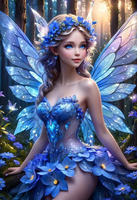 A beautiful fairy made of blue flowers, clear eyes, ((transparent and iridescent wings)), highly detailed, in a perfect half-length, realistic, realistic, in an enchanted forest, colorful flowers, at dusk, a big moon shines through the trees, splashes of l...