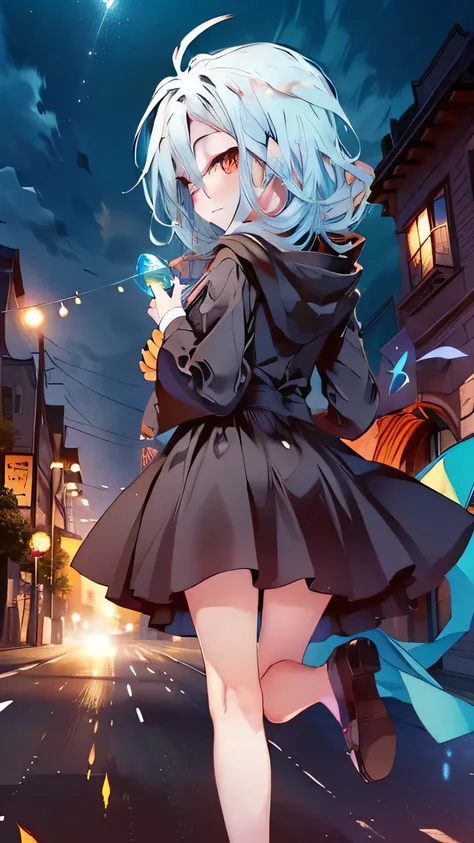 (Very detailed CG Unity 8K 壁紙),(masterpiece), (Highest quality), (Very detailed), (Best illustrations),(Best Shadow),1 Girl、Angle from behind、Surrounded by a beautiful aura、Standing with your legs apart、On top of a building、Wearing a hood