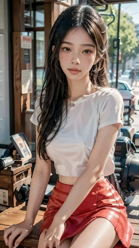 captivating photorealistic portrait,personified as a young woman with Asian features,Smooth, flawless skin with a touch of light makeup,a cute young girl sitting in front of an ice cream shop, wearing a red t-shirt and a purple skirt above the knees, beaut...