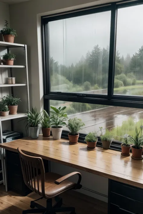 a simple industrial style home office facing the window with a view of nature through the window on a rainy day, detailed interior, cozy atmosphere, warm lighting, wooden desk, leather chair, potted plants, rain on the window, natural landscape outside