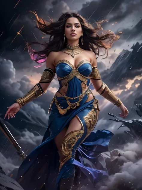 (Masterpiece.uhd.  Oil painting.)Medium full shot. stunning goddess, young woman, age 23. fit body, walking above black storm clouds, detailed face, beautiful eyes, full lips, detailed skin, flowing hair, epic scale, dramatic lighting, fantasy, cinematic, ...