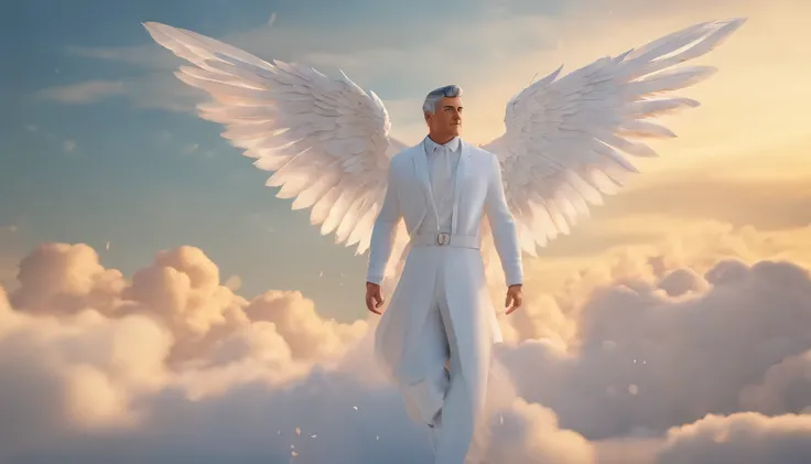 A man dressed in white with wings over the sky 