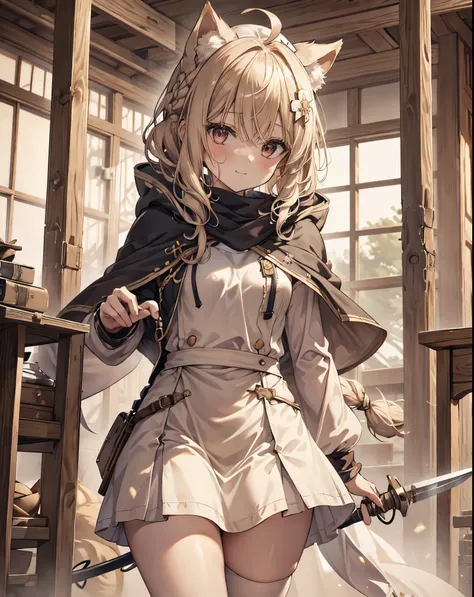 masterpiece, 1girl, sparrow, a blonde haired girl, wearing a white medieval priestess clothes, curly medium hair, messy hair, slim body, wearing golden capelet with hoody, he close her left eye, shirt ornament, seductive smile, red eyes, ahoge, black vest,...