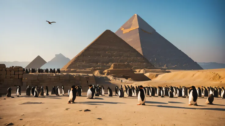 Masterpiece:1.4), (realistic, photorealistic:1.4), ultra hi-res 8k, Pyramids of Giza, line of penguins