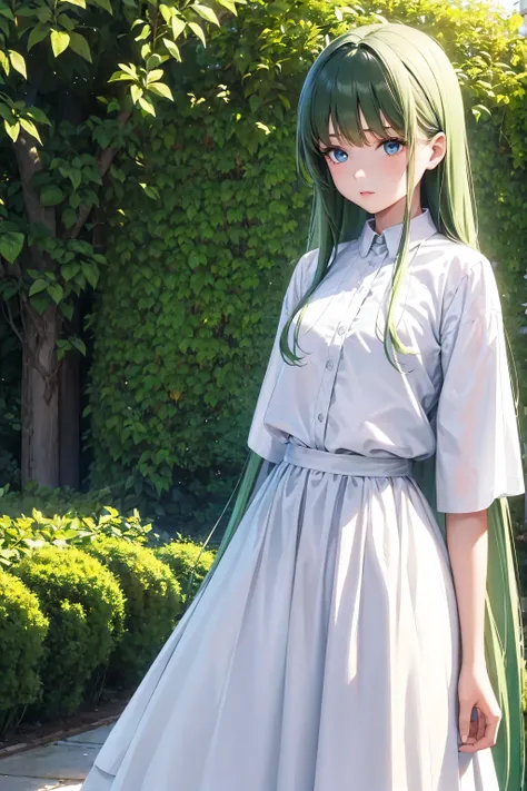 Masterpiece,stunning realistic, best quality, sharpness, 1 girl,9 years old,long hair,(green hair:1),(messy hair:1),dark blue eyes,(arms behind back:1),standing in a garden,white very big shirt,white very long shirt,very long skirt