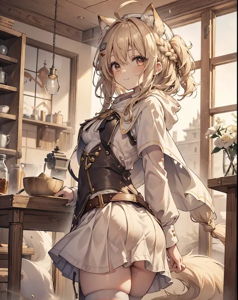 masterpiece, 1girl, sparrow, a blonde haired girl, wearing a white medieval priestess clothes, curly medium hair, messy hair, slim body, wearing golden capelet with hoody, he close her left eye, shirt ornament, seductive smile, red eyes, ahoge, black vest,...