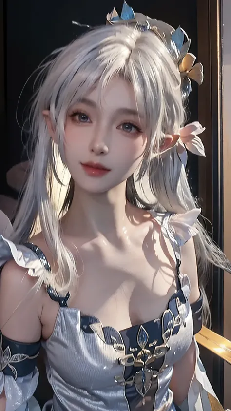 Light线追踪,{best quality},{ {masterpiece}},Extremely detailed 8k wallpaper,{Extremely refined},Colorful,Intricate details,realism,White tight shirt wrap,(detailed depiction of clothes),Cool white skin,(Apply blush carefully),1080P,sun,Soft,Smooth Light silve...