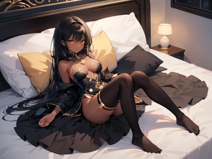 Digital Art, Digital Illustration, Ultra-detailed, beautiful image, Sharp Image, dark skinned girl in dress, nylon tights, trending at cgstation, anime barbie doll,  trending on cgstation, anime vtuber full body model, ((black hair color)),((dark tanned sk...