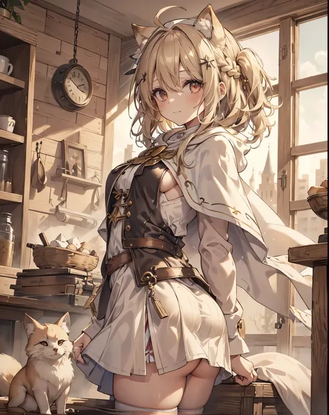 masterpiece, 1girl, sparrow, a blonde haired girl, wearing a white medieval priestess clothes, curly medium hair, messy hair, slim body, wearing golden capelet with hoody, he close her left eye, shirt ornament, seductive smile, red eyes, ahoge, black vest,...