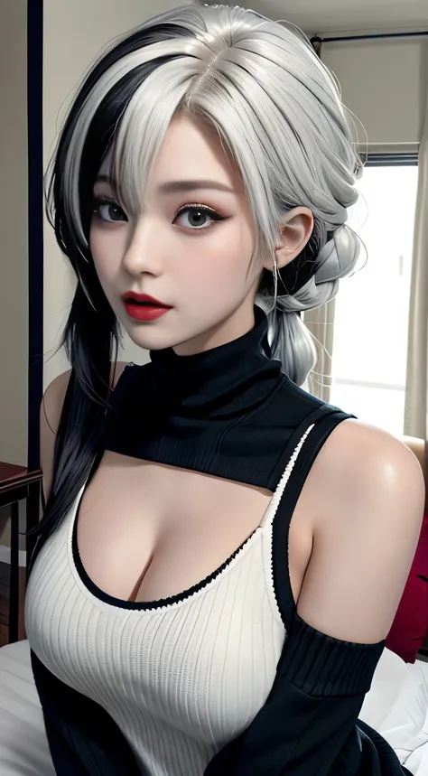 Realism、Blatant、17-year-old girl、Wear a black turtleneck sweater，Off-shoulder，Face enhancement，Big breasts zoom，Emphasize cleavage，Super huge ，Looking from the bottom up，White hair，Black Hair，Colorful Hair，short hair，Straight Hair，Long braids（White），Glowin...